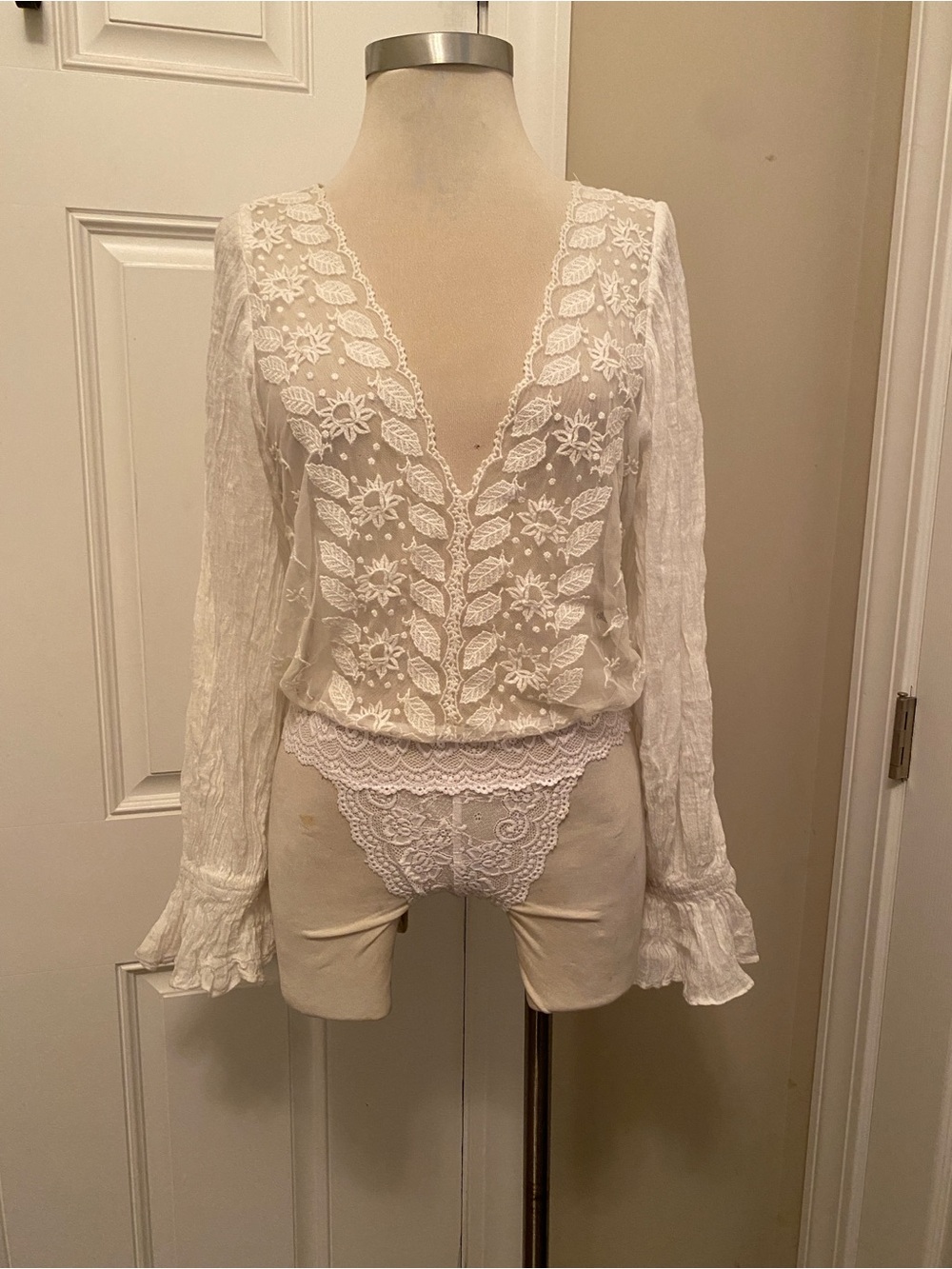 Free People White Floral Lace Top with Sheer Detail